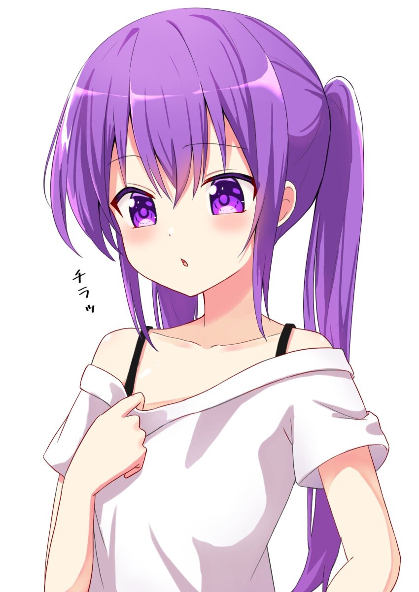 1girl bare_shoulders blush casual clothes_pull collarbone commentary_request gochuumon_wa_usagi_desu_ka? hair_between_eyes highres long_hair looking_down parted_lips poteto_furai pulling_own_clothes purple_eyes purple_hair purple_pupils shirt short_sleeves sidelocks simple_background skirt skirt_pull solo sound_effects straight_hair t-shirt tedeza_rize twintails upper_body white_background white_shirt