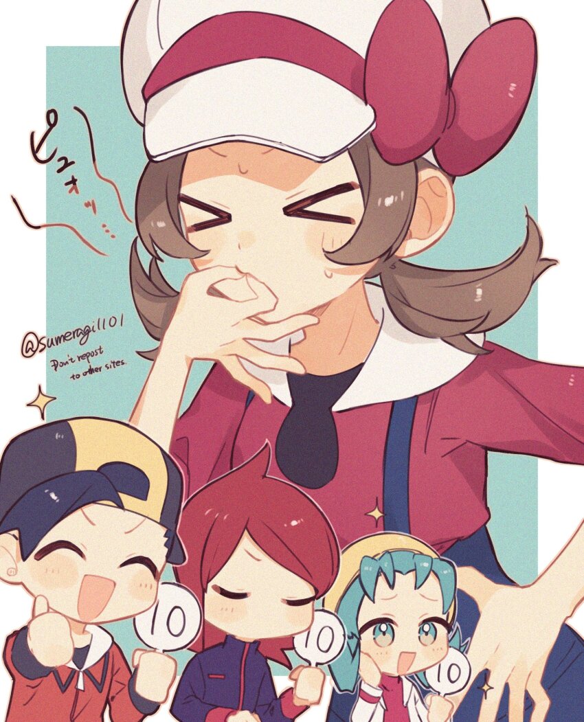 &gt;_&lt; 2boys 2girls :d black_hair bow brown_hair chibi closed_eyes commentary_request cowlick creatures_(company) ethan_(pokemon) game_freak green_hair hand_up hat hat_bow highres holding holding_paddle jacket kris_(pokemon) long_hair lyra_(pokemon) multiple_boys multiple_girls nintendo open_clothes open_jacket open_mouth overalls paddle pokemon pokemon_hgss red_bow red_hair shirt short_hair silver_(pokemon) smile sparkle sumeragi1101 thumbs_up twintails whistling white_hat yellow_hat