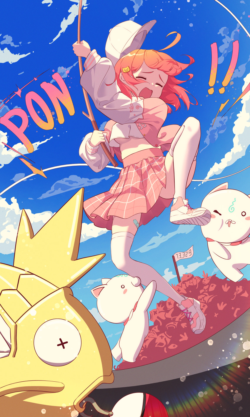 1girl 35p_(sakura_miko) absurdres alternate_color animal blue_sky closed_eyes cloud fish gen_1_pokemon hat highres holding holding_animal holding_fish hololive jacket long_hair magikarp nintendo official_alternate_costume open_mouth pink_hair pink_jacket pink_skirt pokemon pokemon_(creature) sakura_miko sakura_miko_(school_uniform) schnee_strum shiny_pokemon shirt skirt sky smile solo virtual_youtuber white_hat white_shirt