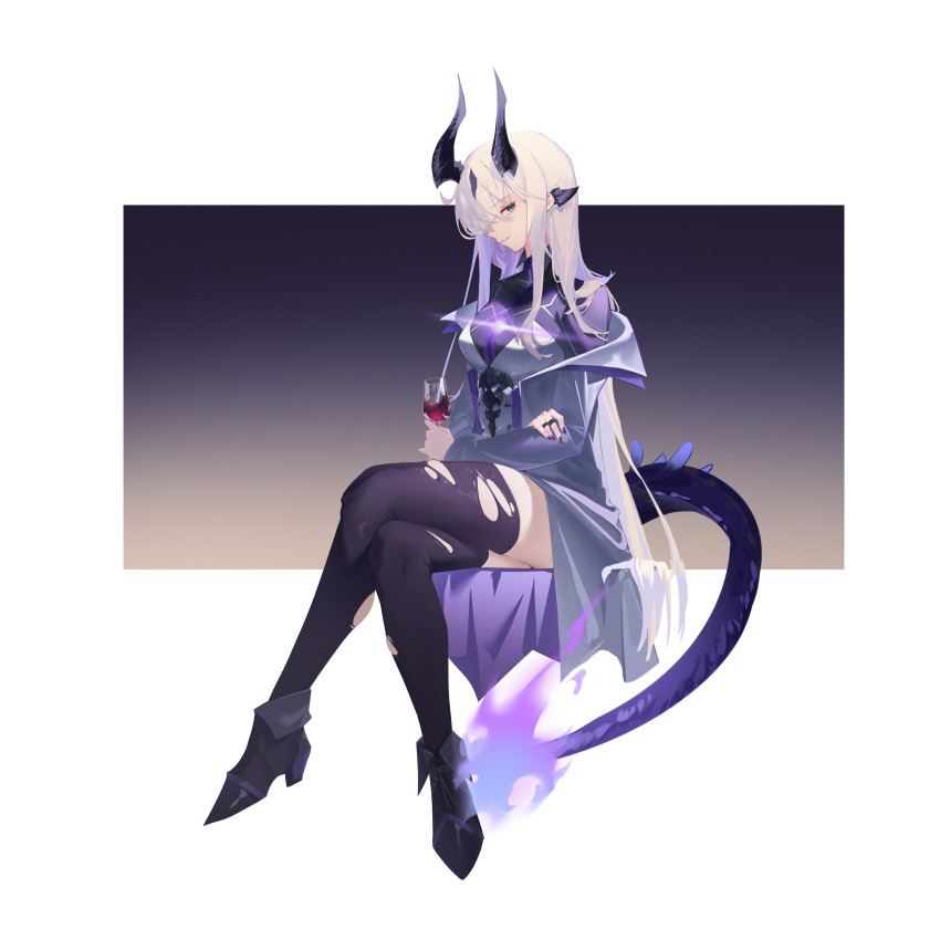 1girl absurdres alcohol arknights black_boots black_hair black_thighhighs blonde_hair boots breasts chinese_commentary commentary_request crossed_legs cup dong_tsugumi dragon_girl dragon_horns dragon_tail dress drinking_glass fiery_tail fire glass gradient_background grey_eyes hair_over_one_eye high_heel_boots high_heels highres holding holding_cup horns jacket jewelry light_in_heart long_hair long_sidelocks long_sleeves looking_at_viewer nail_polish necrass_(arknights) open_clothes open_jacket parted_lips purple_background purple_fire purple_jacket purple_nails ring short_dress sidelocks simple_background sitting smile solo tail thighhighs thighs torn_clothes torn_thighhighs transparent_background white_background white_dress white_jacket wine wine_glass zettai_ryouiki