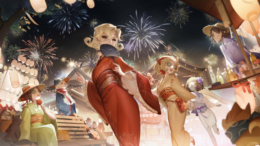 2boys 4girls :d absurdres aerial_fireworks alternate_costume android architecture bag bench black_cat black_eyes blonde_hair blue_eyes blue_headwear blue_jacket bob_cut bottle brown_hair building button_eyes buttons candy_apple cat choppy_bangs closed_mouth covering_own_mouth dango east_asian_architecture emma_woods fang feet_out_of_frame fireworks floral_print flower folded_fan folding_fan food food_stand foot_out_of_frame freckles frilled_sleeves frills green_eyes green_kimono grey_eyes grin hair_between_eyes hair_bun hair_flower hair_ornament hair_ribbon hand_fan haori hat highres holding holding_fan holding_fireworks holding_food holding_hands identity_v jacket japanese_clothes joints joseph_desaulniers kimono kinchaku lantern looking_at_another looking_back looking_up low_ponytail luca_balsa mary_(identity_v) mask mask_on_head medium_hair multiple_boys multiple_girls night obi obijime official_art okobo open_mouth paper_fan paper_lantern parted_bangs platform_sandals ponytail pouch purple_kimono ramune red_kimono red_ribbon red_scarf ribbon robot_joints sandals sash scarf second-party_source shiba_inu short_hair short_kimono short_yukata shoulder_bag single_hair_bun sitting smile solid_eyes sparkler standing summer_festival sun_hat teeth temple tracy_reznik tree uchiwa uneven_eyes upper_teeth_only wagashi walking wavy_hair white_kimono wide_sleeves yellow_eyes yellow_headwear yellow_kimono yukata