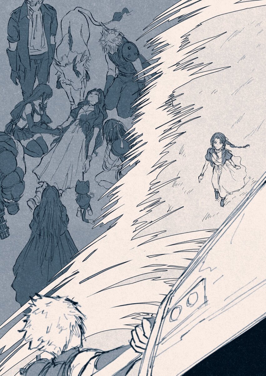 3girls 5boys aerith_gainsborough alternate_universe animal armor bangle barret_wallace black_thighhighs bracelet braid braided_ponytail breasts buster_sword cait_sith_(final_fantasy) cat cid_highwind closed_eyes cloud_strife crop_top dress final_fantasy final_fantasy_vii final_fantasy_vii_rebirth final_fantasy_vii_remake fire flame-tipped_tail from_above full_body greyscale hair_ribbon headband highres holding holding_hands holding_sword holding_weapon jacket jewelry kneeling long_dress long_hair lying medium_breasts miniskirt monochrome multiple_boys multiple_girls on_back parted_bangs pauldrons pulupulupoodle red_xiii ribbon scar scar_across_eye scar_on_face short_hair shoulder_armor sidelocks single_pauldron sketch skirt spiked_hair sword tail thighhighs tifa_lockhart vincent_valentine weapon weapon_on_back yuffie_kisaragi