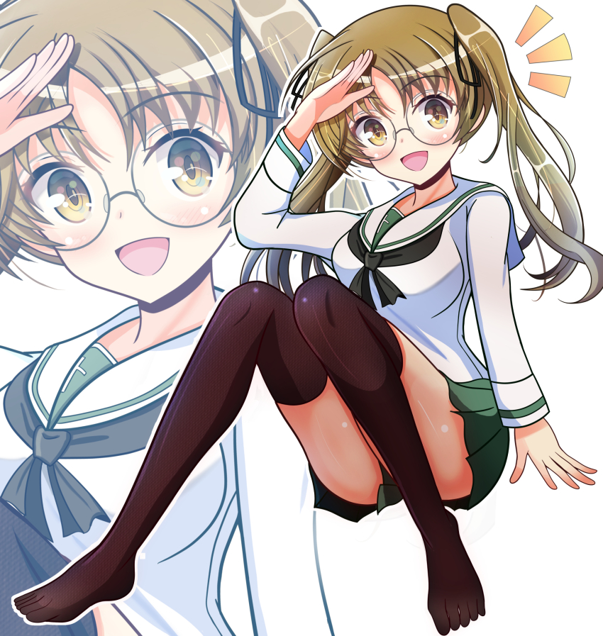 1girl black_sailor_collar black_thighhighs blush brown_eyes brown_hair girls_und_panzer glasses highres kumaisao ooarai_school_uniform oono_aya open_mouth sailor_collar school_uniform shirt simple_background sitting solo thighhighs twintails white_background white_shirt
