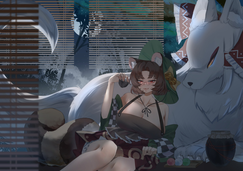 1girl absurdres alternate_costume animal animal_ear_fluff animal_ears animalization bell blurry bow breasts brown_hair claws cleavage closed_mouth clothing_request collarbone commentary dango depth_of_field detached_sleeves english_commentary food fox frilled_bow frilled_hair_tubes frills futatsuiwa_mamizou glasses green_hat green_sleeves hair_bow hair_tubes hakurei_reimu hakurei_reimu_(fox) hat hat_bell highres jingle_bell large_breasts no_noru oversized_animal raccoon_ears raccoon_girl raccoon_tail red_bow red_eyes sanshoku_dango sitting solo tail touhou wagashi
