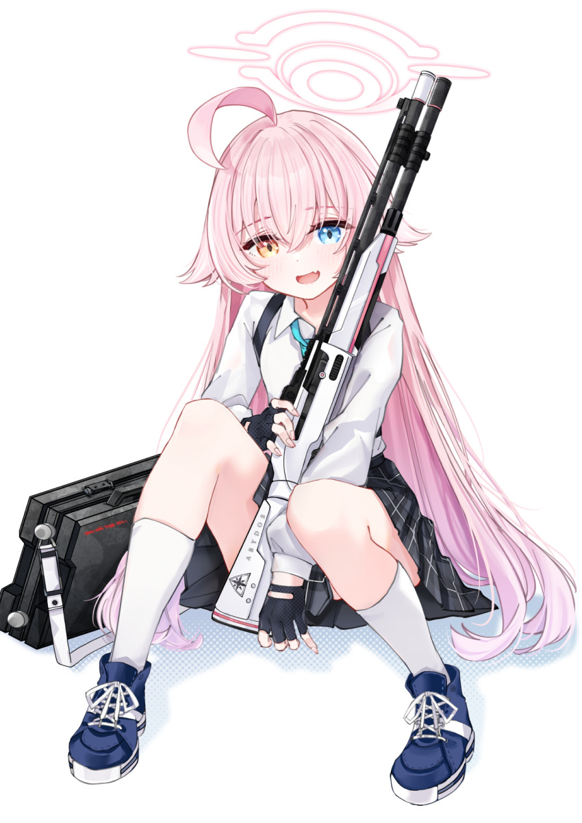 1girl :d ahoge beretta_1301 black_gloves black_skirt blue_archive blue_eyes blue_hair blue_necktie blue_shoes blush commentary fang fingerless_gloves full_body gloves hair_between_eyes hair_flaps halo heterochromia highres hoshino_(blue_archive) huge_ahoge knees_up long_hair long_sleeves looking_at_viewer necktie open_mouth pink_hair pink_halo pleated_skirt puffy_long_sleeves puffy_sleeves sarasadou_dan shirt shoes simple_background sitting skin_fang skirt smile socks solo white_background white_shirt white_socks yellow_eyes