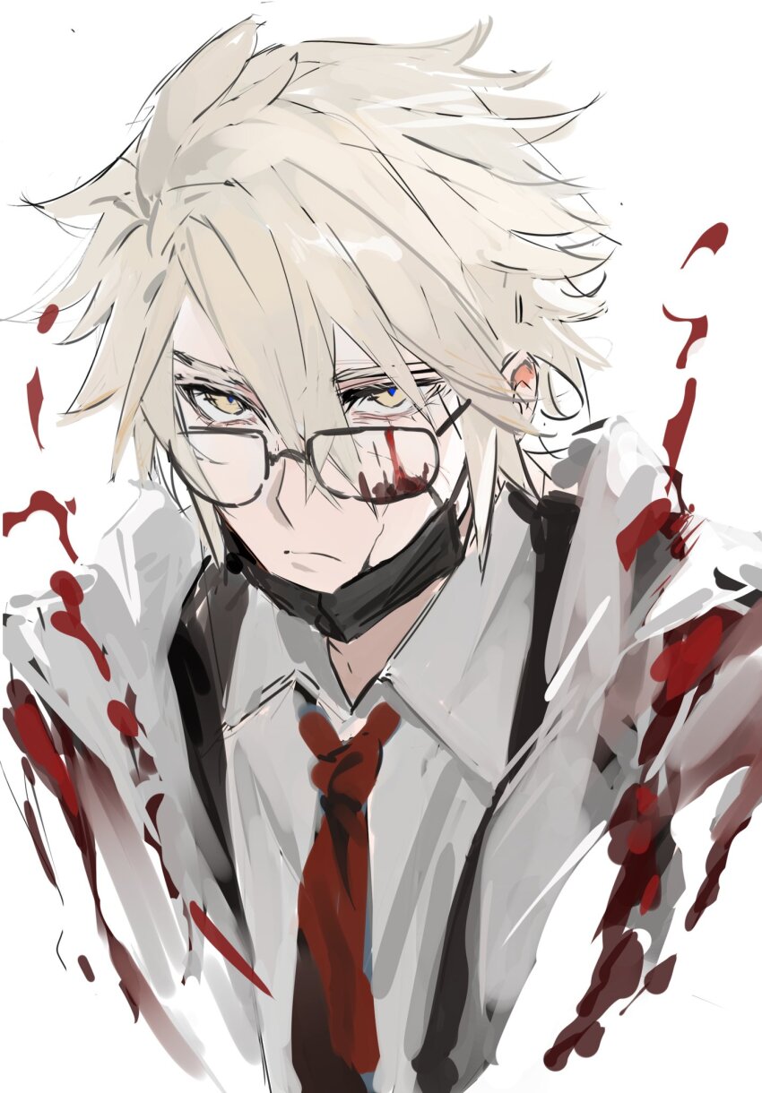 1boy blonde_hair blood blood_on_clothes blood_on_face closed_mouth collared_shirt glasses hair_between_eyes hashtag-only_commentary head_tilt highres hmayme4238 honkai:_star_rail honkai_(series) hood hood_down jacket looking_to_the_side looking_up male_focus mask mouth_mask necktie official_alternate_costume open_clothes open_jacket phainon_(honkai:_star_rail) red_necktie shirt short_hair simple_background solo spiked_hair upper_body white_background white_jacket white_shirt yellow_eyes