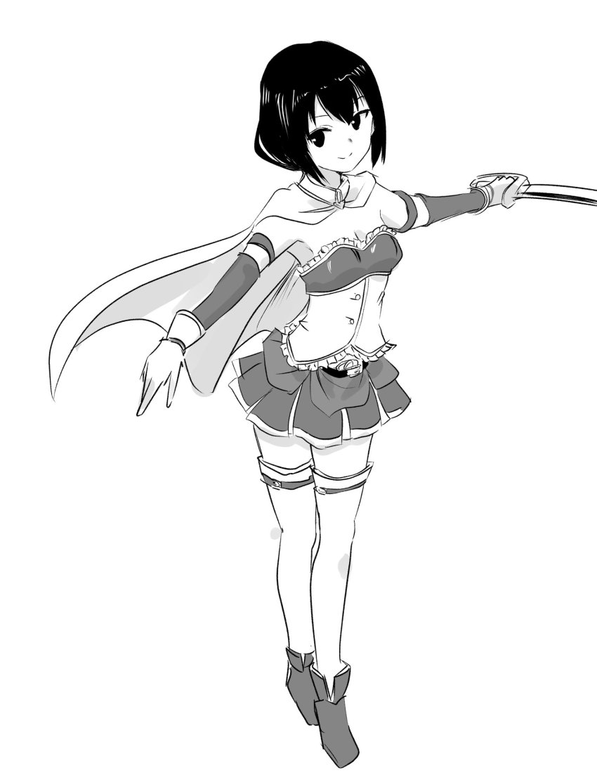 1girl ankle_boots boots breasts cape cleavage closed_mouth commentary_request cosplay detached_sleeves frills full_body gloves greyscale highres holding holding_sword holding_weapon long_sleeves looking_at_viewer magical_girl mahou_shoujo_madoka_magica mahou_shoujo_madoka_magica_(anime) miki_sayaka miki_sayaka_(cosplay) miki_sayaka_(magical_girl) miniskirt monochrome motomiki official_alternate_hair_length official_alternate_hairstyle pleated_skirt short_hair simple_background sketch skirt small_breasts smile solo split_mouth standing strapless sword tamura_yuri thighhighs watashi_ga_motenai_no_wa_dou_kangaetemo_omaera_ga_warui! weapon white_background
