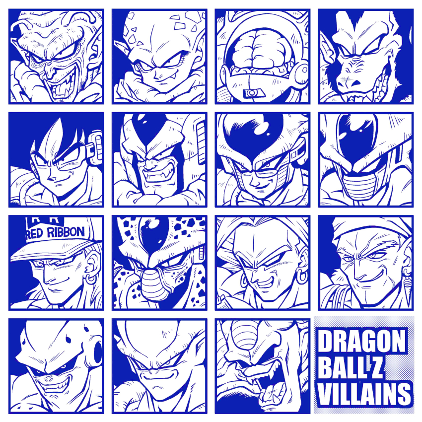 1st_form_frieza 6+boys absurdres alien android_13 armor bojack brain broly_(dragon_ball_z) cell_(dragon_ball) cooler_(dragon_ball) copyright_name demon dr._wheelo dragon_ball dragon_ball_z:_dead_zone dragon_ball_z:_the_tree_of_might dragon_ball_z:_the_world&#039;s_strongest dragonball_z earrings english_text fang fifth_form_(dragon_ball) frieza garlic_jr. grin hat highres hirudegarn imperfect_cell janemba jewelry legendary_super_saiyan long_hair lord_slug majin_buu male_focus monochrome monster multiple_boys muscular oozaru open_mouth piccolo_daimaou scouter shinomiya_akino slit_pupils smile super_buu super_saiyan teeth tullece vegeta