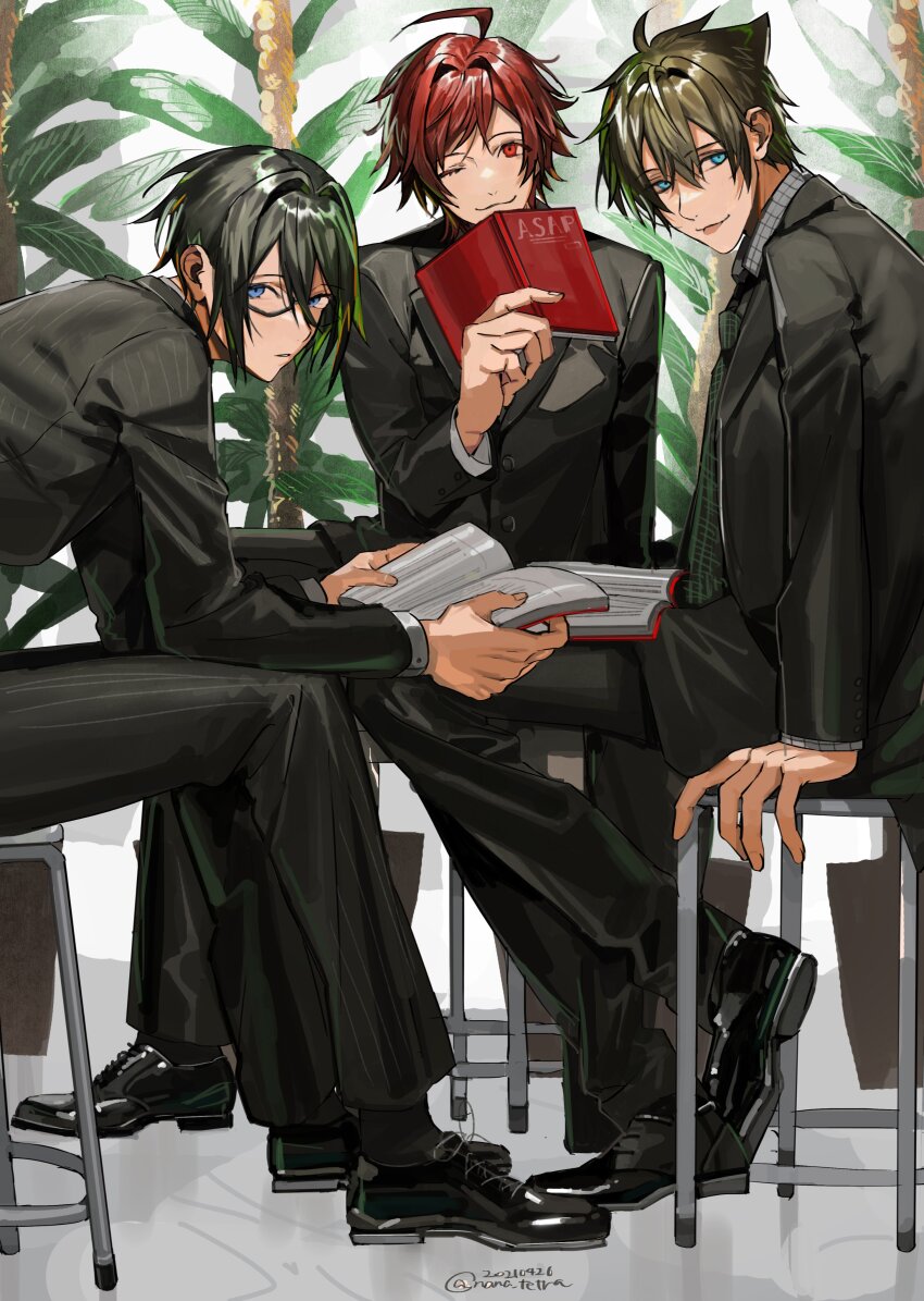 3boys :p absurdres ahoge aqua_eyes black-framed_eyewear black_hair black_jacket black_pants black_shoes blue_eyes book brown_hair checkered_necktie closed_mouth commentary_request crossed_legs dated fingernails full_body glasses grey_shirt hair_between_eyes highres holding holding_book idolmaster idolmaster_side-m jacket kashiwagi_tsubasa looking_at_viewer male_focus multiple_boys nana_tetra necktie on_chair one_eye_closed open_book open_clothes open_jacket pants parted_lips plant red_eyes red_hair sakuraba_kaoru semi-rimless_eyewear shirt shoes short_hair sitting smile teeth tendo_teru tongue tongue_out twitter_username white_background