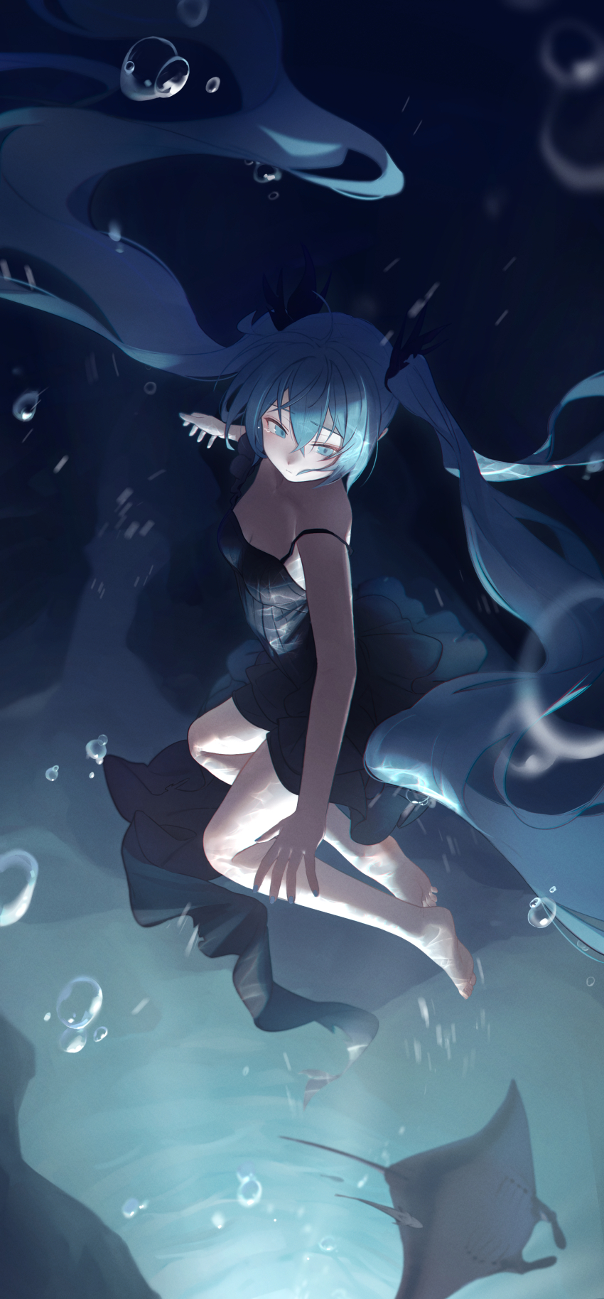 1girl absurdly_long_hair absurdres ahoge air_bubble barefoot black_dress black_ribbon blue_eyes blue_hair blue_nails breasts bubble cleavage closed_mouth crossed_bangs dated_commentary dress feet fingernails fish floating_hair hair_between_eyes hair_ribbon hatsune_miku highres kabanoki long_hair manta_ray medium_breasts nail_polish ribbon shinkai_shoujo_(vocaloid) sleeveless sleeveless_dress soles solo strap_slip submerged tears toes twintails underwater very_long_hair vocaloid
