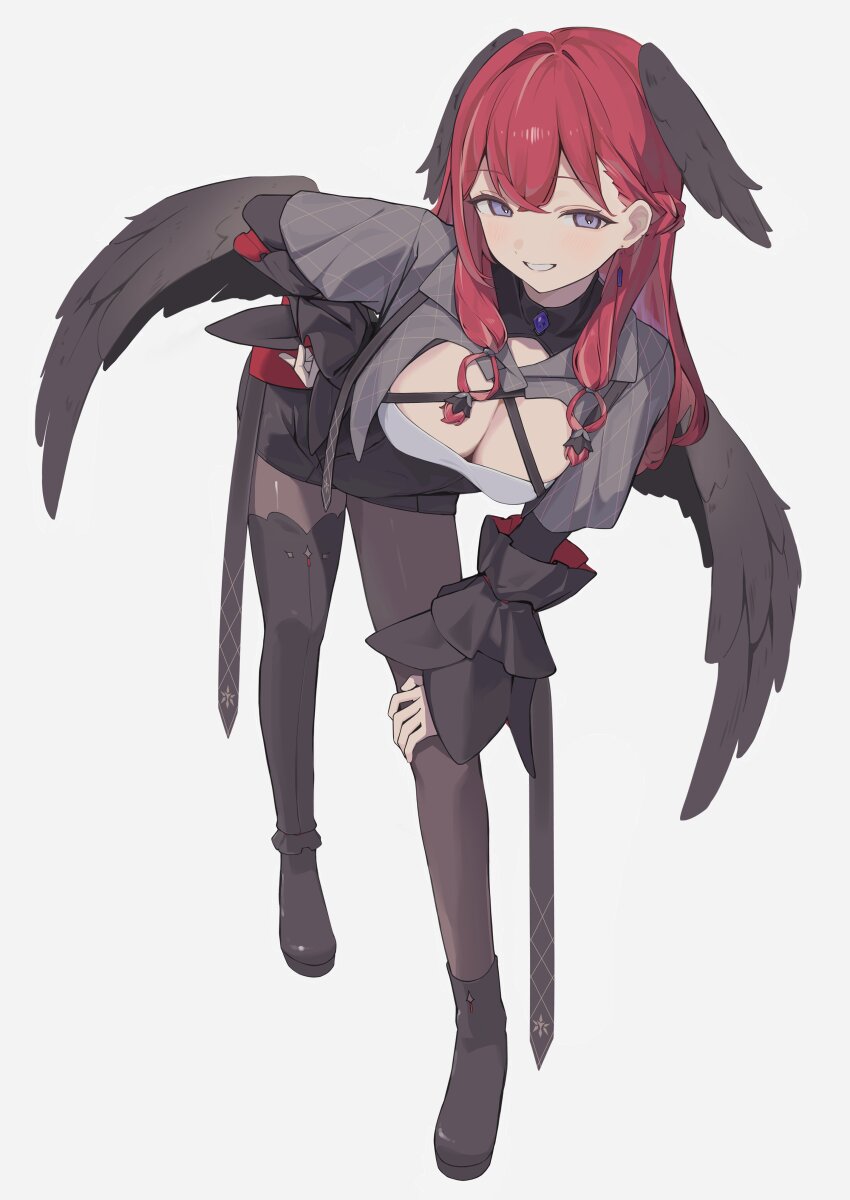 1girl absurdres black_boots black_dress black_romper black_thighhighs black_wings blush boots braid braided_bangs breasts capelet cleavage criss-cross_straps dress ear_chain earrings framed_breasts full_body gem grey_capelet hair_between_eyes hand_on_own_hip head_wings high-waist_shorts highres ichi_(cat_ichibansuki) jewelry konkon_aria large_breasts leaning_forward linked_piercing long_hair long_sleeves looking_at_viewer low-tied_sidelocks neo-porte nun open_mouth pantyhose piercing purple_eyes purple_gemstone red_hair romper shirt shorts sidelocks single_thighhigh smile solo standing teeth thighhighs virtual_youtuber white_background wings