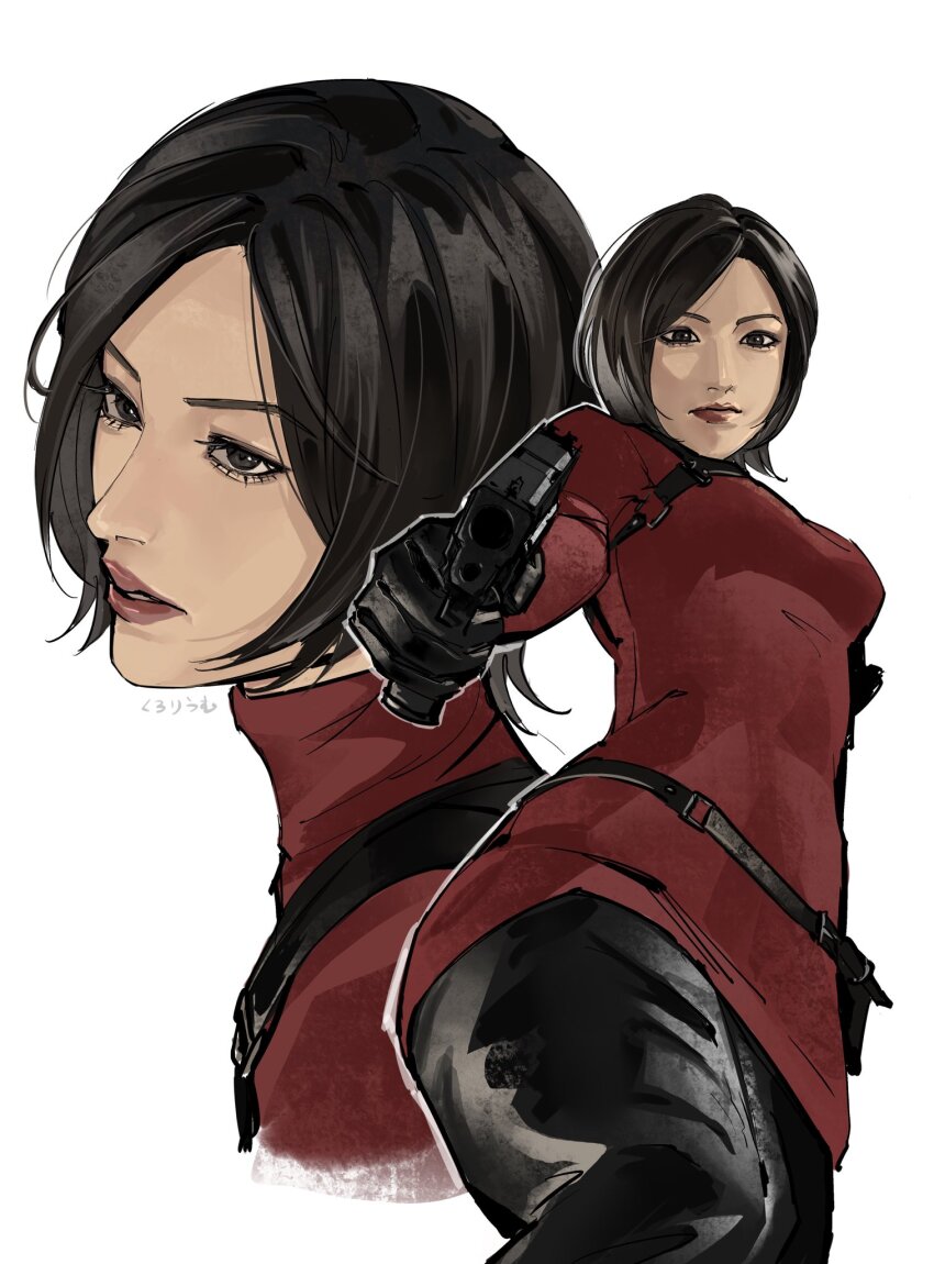 1girl ada_wong aiming aiming_at_viewer artist_name black_eyes black_gloves black_hair black_pantyhose breasts closed_mouth dress feet_out_of_frame gloves gun handgun harness highres holding holding_gun holding_weapon kurorium long_sleeves medium_breasts multiple_views pantyhose parted_bangs parted_lips red_dress red_lips resident_evil resident_evil_4 resident_evil_4_(remake) short_dress short_hair solo turtleneck turtleneck_dress upper_body weapon white_background
