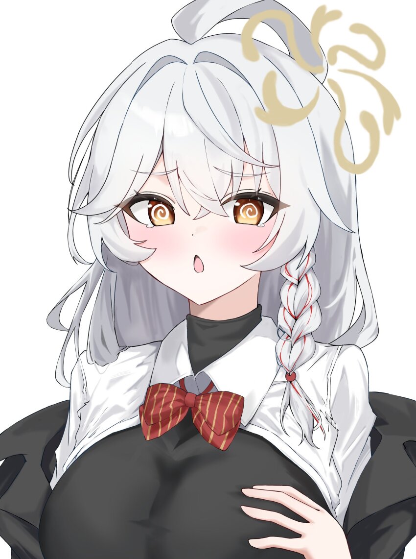 1girl @_@ ahoge aramonn_chan019 black_hat black_shirt blue_archive blush bow bowtie braid breasts brown_eyes chestnut_mouth collared_shirt commentary crossed_bangs diagonal-striped_bow diagonal-striped_bowtie diagonal-striped_clothes dress_shirt embarrassed eri_(blue_archive) furrowed_brow grey_hair hair_between_eyes hair_intakes hair_over_shoulder halo hand_up hat highres huge_ahoge large_breasts long_hair looking_at_viewer no_headwear open_clothes open_mouth open_shirt red_bow red_bowtie shirt simple_background single_braid solo striped_bow striped_bowtie striped_clothes tearing_up tsurime turtleneck turtleneck_shirt upper_body white_background white_shirt yellow_halo