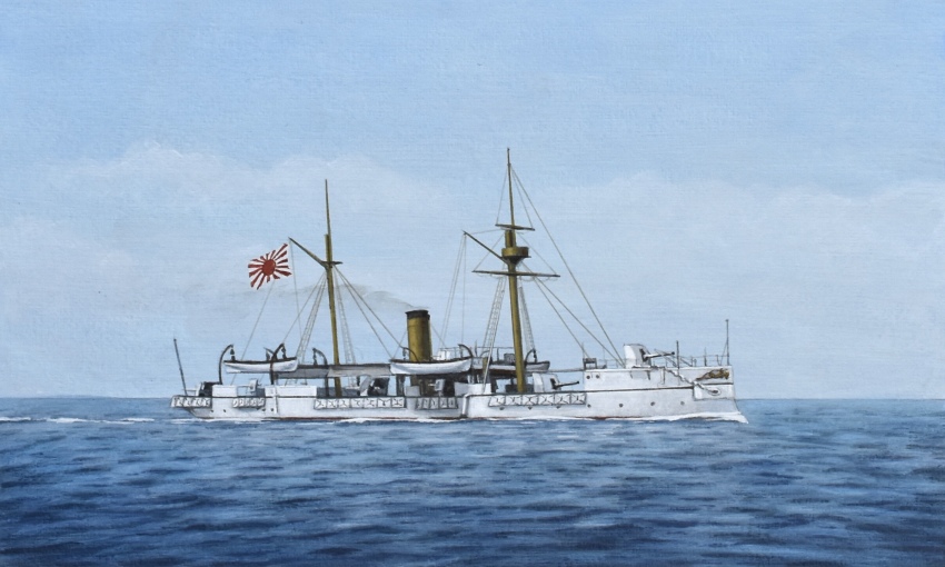 acrylic_paint_(medium) akagi_(ironclad) atelier_bono cannon commentary_request evening flag highres imperial_japanese_navy ironclad mast military_vehicle no_humans ocean original painting_(medium) rising_sun_flag ship ship_turret sky smoke smoke_trail smokestack sunburst traditional_media vehicle_focus warship watercraft