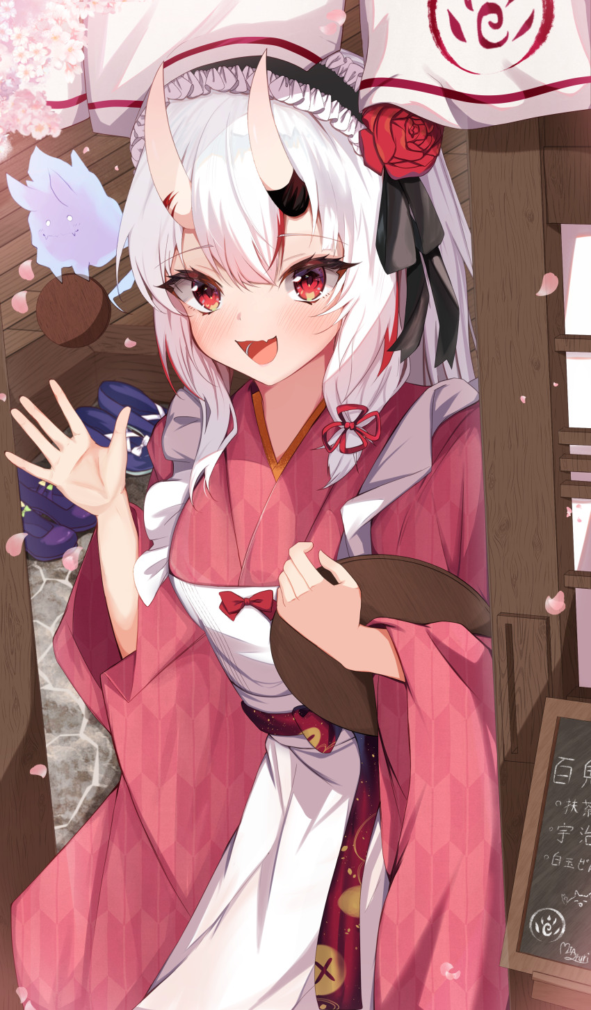 1girl absurdres apron commentary_request highres holding holding_tray hololive horns japanese_clothes kimono long_hair long_sleeves looking_at_viewer maid maid_headdress miaruri multicolored_hair nakiri_ayame oni open_mouth pink_kimono red_eyes red_hair shiranui_(nakiri_ayame) skin-covered_horns smile solo standing streaked_hair tray virtual_youtuber white_apron white_hair wide_sleeves
