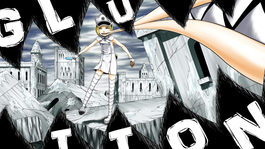 1girl a-pose bleach bleach:_sennen_kessen-hen bleachist blonde_hair blunt_bangs bob_cut boots buttons cloud cloudy_sky collared_dress commentary double-breasted dress english_text food full_body gloves hat highres holding holding_food holding_popsicle ice incoming_attack kubo_tite_(style) liltotto_lamperd looking_at_viewer military_hat monster_girl official_style open_mouth outdoors popsicle quincy_(bleach) rubble sharp_teeth short_dress short_hair short_sleeves sky solo standing teeth thigh_boots thighhighs wandenreich white_boots white_dress white_gloves white_hat yellow_eyes zettai_ryouiki