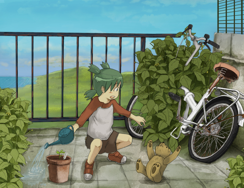 1girl balcony bicycle blue_sky blush brown_shorts bush child duralumin flat_tire flower_pot green_hair holding holding_watering_can horizon koiwai_yotsuba landscape long_sleeves mountainous_horizon panorama plant potted_plant quad_tails red_footwear red_shirt shirt shorts sky solo squatting stuffed_animal stuffed_toy teddy_bear two-tone_footwear two-tone_shirt watering watering_can white_footwear white_shirt yellow-zon yotsubato!