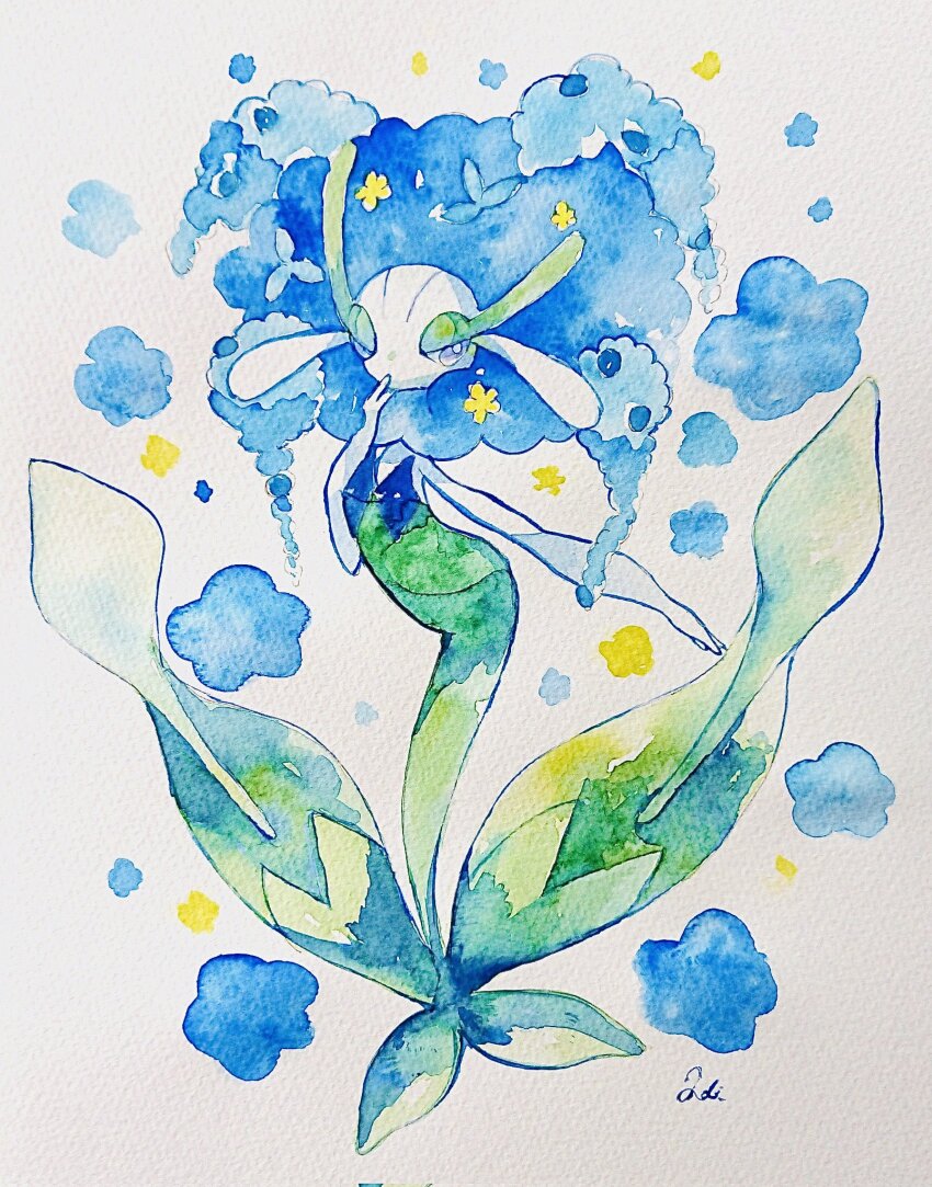 blue_eyes blue_flower colored_eyelashes dress florges florges_(blue_flower) flower gen_6_pokemon green_dress hand_on_own_face highres loki_(regulus_1111) long_eyelashes monster_girl nintendo plant_girl pokemon pokemon_(creature) white_background