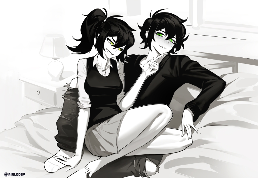 1boy 1girl absurdres aierlaobo andrew_graves black_hair black_sweater black_vest evil_smile green_eyes hand_on_another&#039;s_chin highres implied_incest looking_at_another lying mother_and_son on_back pants renee_graves shirt skirt smile sweat sweater the_coffin_of_andy_and_leyley torn_clothes torn_pants under_covers vest white_shirt