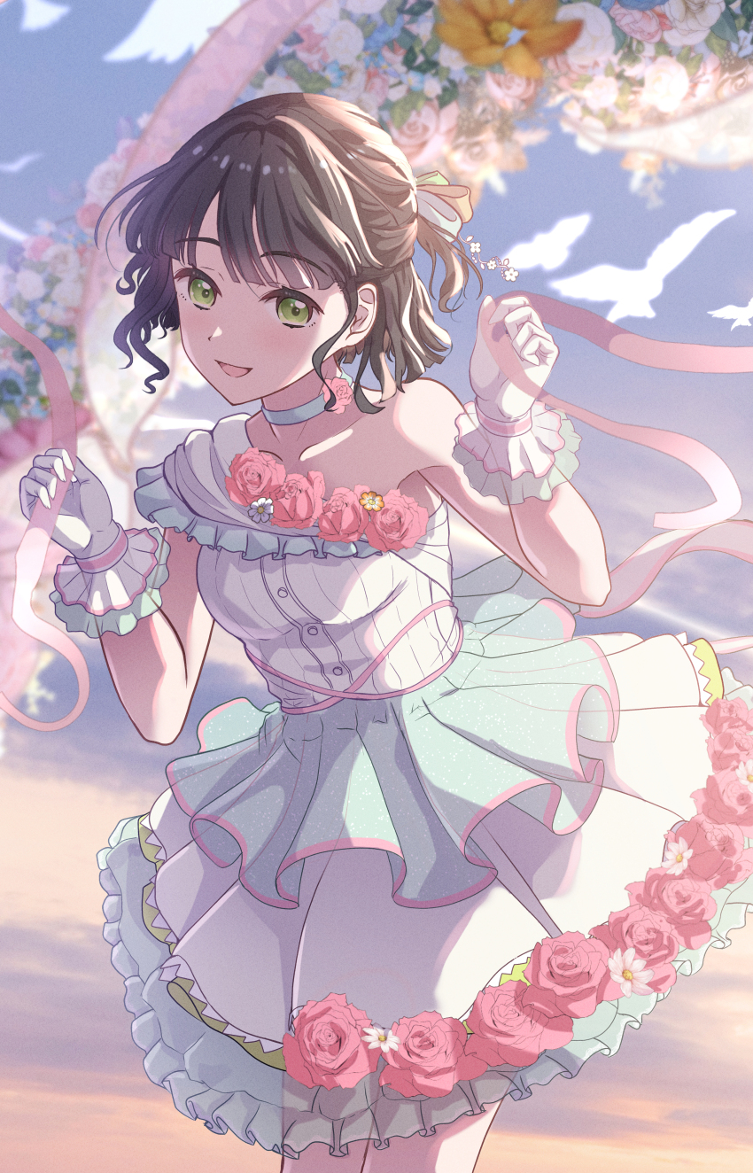 1girl :d absurdres black_hair blunt_bangs blush breasts citrusmikan collarbone commentary_request dress dress_flower flower frilled_dress frilled_gloves frills gloves green_eyes hair_ribbon half_updo highres holding holding_ribbon link!_like!_love_live! looking_at_viewer love_live! medium_breasts momose_ginko official_alternate_costume open_mouth pink_flower pink_ribbon pink_rose ribbon rose short_hair single-shoulder_dress single_bare_shoulder smile solo virtual_youtuber white_dress white_gloves yume_wazurai