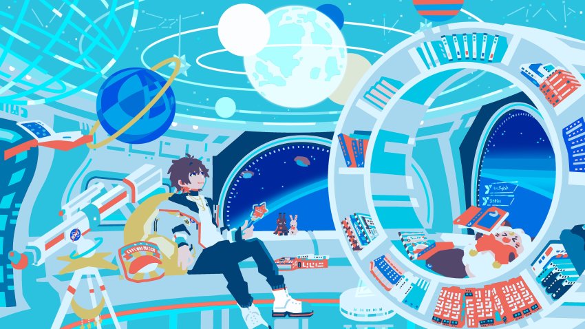 &gt;_&lt; 1boy :3 absurdres amatsuki_(utaite) aqua_theme black_hair blinking book bookshelf cancer_(constellation) closed_mouth colored_tips constellation flat_color highres holding holding_wand indie_utaite looking_up lying male_focus masamune_(amatsuki) multicolored_hair no_lineart official_art orange_hair orbital_path original planet ponsuke_kaikai short_hair sitting solo space space_station spacecraft_interior star_wand stuffed_animal stuffed_rabbit stuffed_toy telescope utaite wand white_footwear window