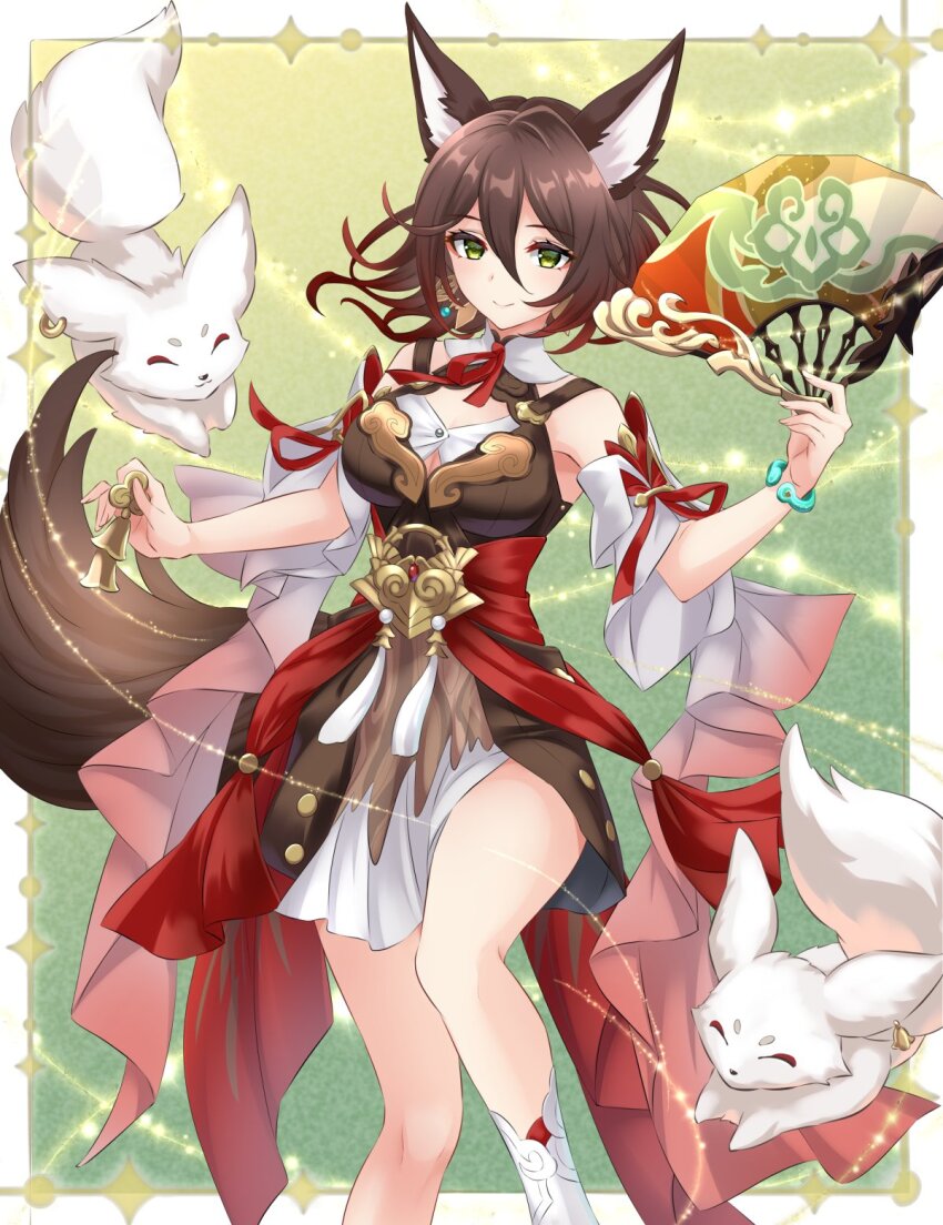 animal_ears bare_legs bell bracelet brown_dress brown_fur brown_hair brown_tail dress earrings fox fox_ears fox_girl fox_tail green_eyes hand_fan highres honkai:_star_rail honkai_(series) jewelry kakiko210 tail tingyun_(harmony)_(honkai:_star_rail) tingyun_(honkai:_star_rail) waistband