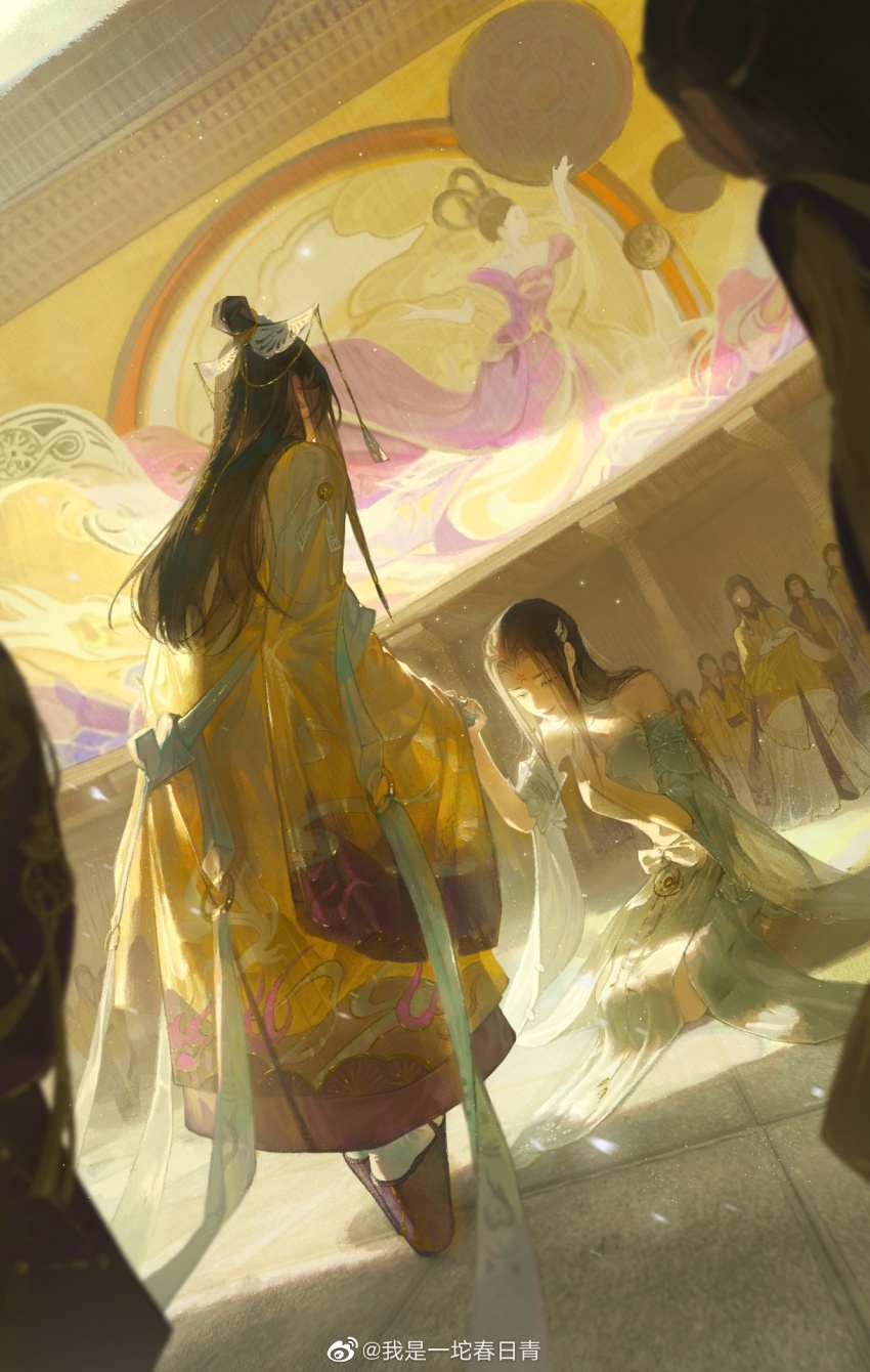 2girls bare_shoulders black_hair black_sandals character_request check_copyright chinese_hairpin chunriqingqaq closed_eyes closed_mouth copyright_request dress dutch_angle faceless facial_mark forehead forehead_mark from_behind full_body green_dress green_shawl hand_on_own_chest hand_up highres holding_hands indoors kneeling light_particles long_hair long_sleeves multiple_girls off-shoulder_dress off_shoulder people platform_clogs platform_sandals sandals shadow sidelocks socks standing straight_hair tile_floor tiles topknot watermark weibo_watermark white_socks wide_sleeves yellow_hanfu yi_meng_jianghu