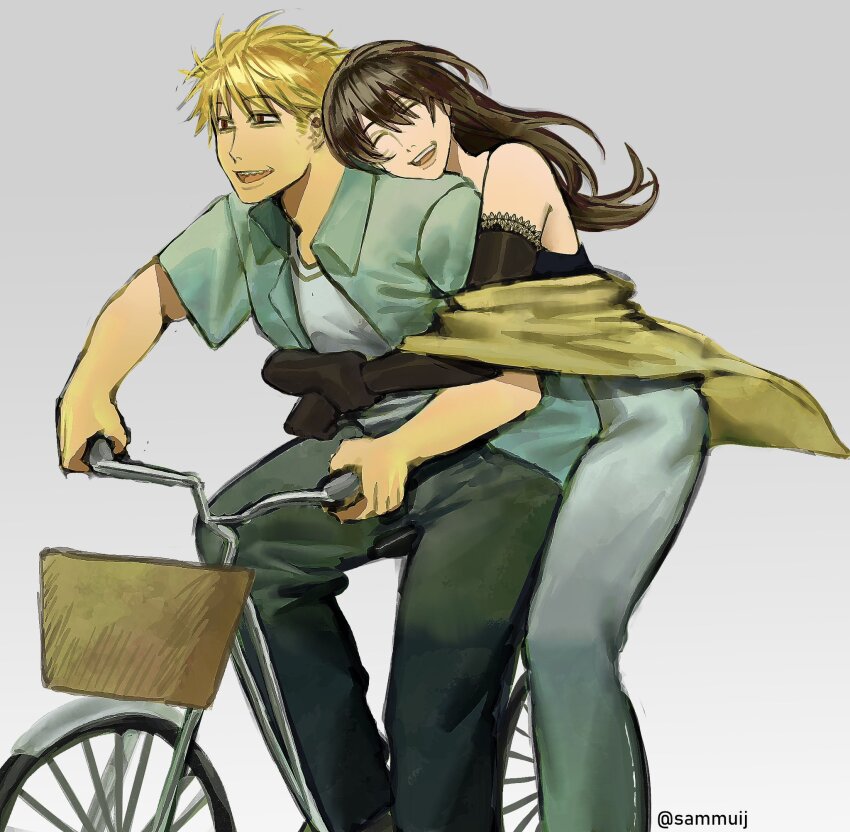 1boy 1girl bicycle bicycle_basket black_gloves black_hair black_pants blonde_hair blue_pants blue_shirt brown_eyes chainsaw_man denji_(chainsaw_man) elbow_gloves gloves grey_background highres hug hug_from_behind long_hair mitaka_asa pants riding riding_bicycle sammuij sharp_teeth shirt short_hair simple_background teeth white_shirt