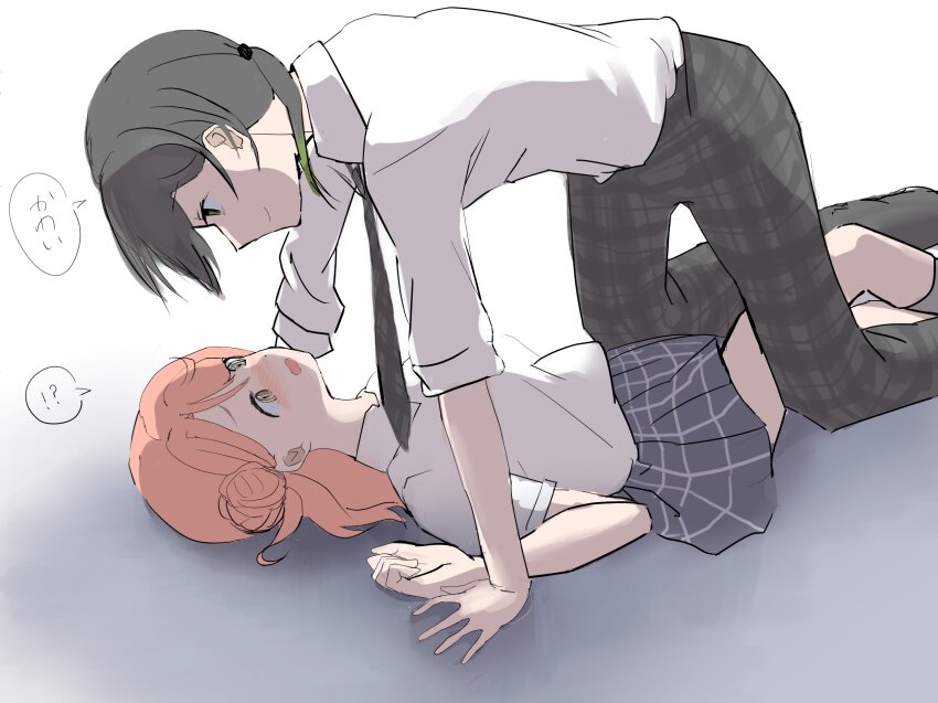 1925sy 2girls @_@ black_hair black_necktie black_pants blue_skirt collared_shirt gradient_hair green_hair hair_bun highres long_sleeves love_live! love_live!_nijigasaki_high_school_idol_club multicolored_hair multiple_girls necktie orange_hair pants plaid_clothes plaid_pants pleated_skirt shadow shirt single_side_bun skirt speech_bubble takasaki_yu translation_request uehara_ayumu white_background white_shirt yellow_eyes yukadon yuri