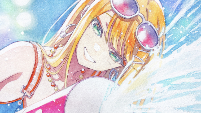 1girl absurdres bare_shoulders bikini blue_bikini blue_sky blunt_bangs blush collarbone colored_pencil_(medium) commentary gakuen_idolmaster gradient-tinted_eyewear green_eyes grin highres idolmaster kimi_to_semi_blue_(idolmaster) long_hair looking_at_viewer official_alternate_costume orange_hair pato_(ptro) pink-tinted_eyewear portrait purple-tinted_eyewear shiun_sumika sidelocks sky smile solo straight_hair sunglasses swimsuit tinted_eyewear traditional_media water white-framed_eyewear