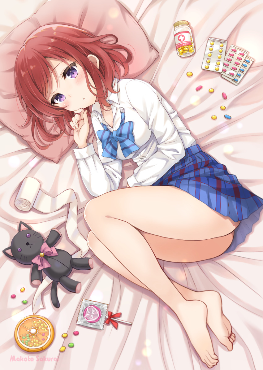 1girl :o artist_name bandages barefoot bed_sheet blue_bow blue_bowtie blue_skirt blush bottle bow bowtie candy collared_shirt commentary_request condom feet female_focus finger_to_own_chin food full_body highres lollipop long_hair looking_at_viewer love_live! love_live!_school_idol_project lying miniskirt nishikino_maki on_side otonokizaka_school_uniform pill pillow pink_bow pink_bowtie plaid_bow plaid_bowtie plaid_clothes plaid_neckwear purple_eyes red_hair sakurai_makoto_(custom_size) school_uniform shirt short_hair skirt solo striped_bow striped_bowtie striped_clothes striped_neckwear stuffed_animal stuffed_cat stuffed_toy undone_bowtie white_shirt