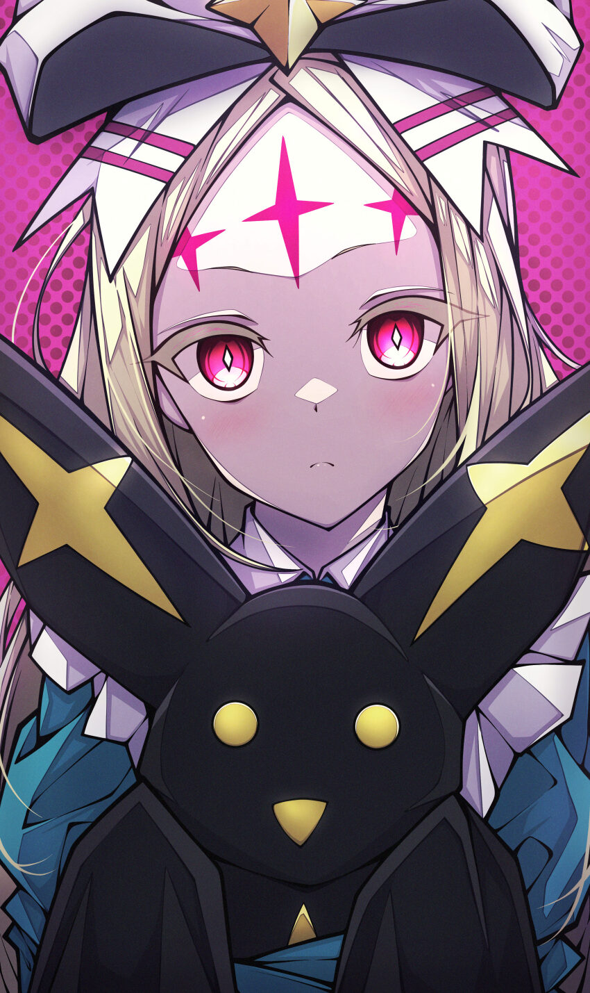 1girl absurdres blonde_hair blue_dress bow commentary cross dress expressionless facial_mark forehead_mark hair_bow highres holding kakuzatou_(cubesugar03196) long_hair looking_at_viewer mahou_shoujo_ni_akogarete morino_korisu nero_alice polka_dot polka_dot_background red_background red_eyes smile venalita white_bow yellow_eyes