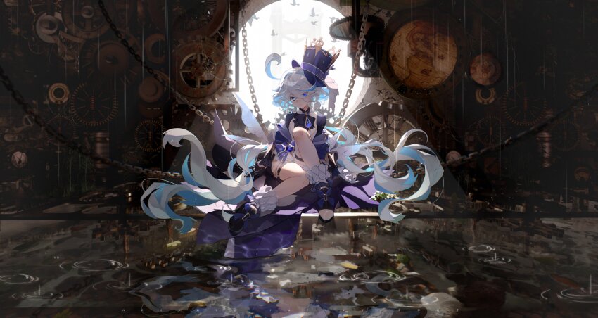 1girl absurdres ahoge ascot black_ascot blue_eyes chain commentary_request drop-shaped_pupils furina_(genshin_impact) gears genshin_impact hair_between_eyes hat heterochromia highres indoors jewelry long_hair long_sleeves looking_at_viewer low_twintails mismatched_pupils multicolored_hair shoes short_shorts shorts sidelocks sitting snowflake_(diodarja) socks solo streaked_hair symbol-shaped_pupils thighlet top_hat twintails two-tone_hair wavy_hair white_shorts white_socks window