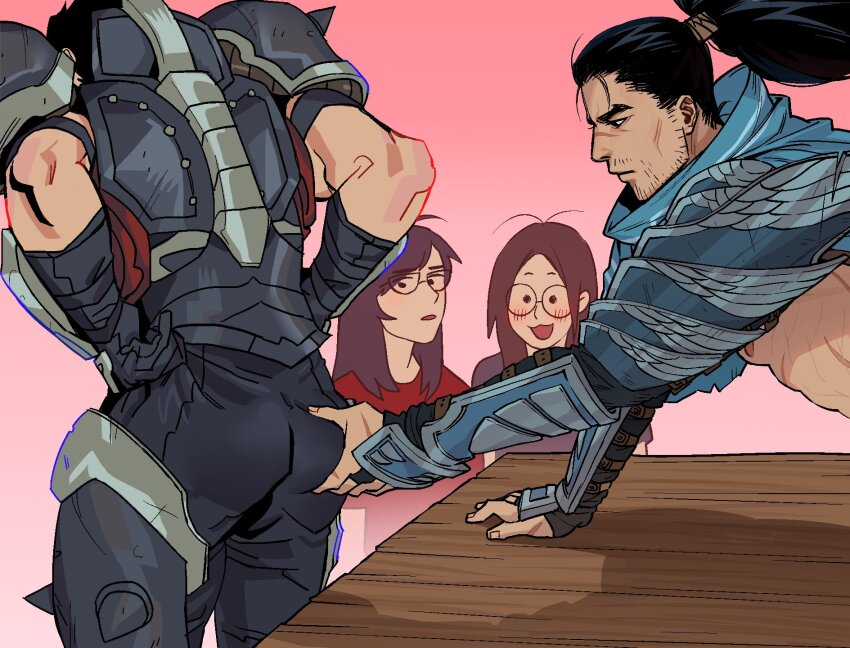 2boys 2girls adam22&#039;s_ass_grab_(meme) armor armored_boots back bara black_gloves black_hair black_pants blush boots darius_(league_of_legends) facial_hair glasses gloves grabbing_another&#039;s_ass groping hand_on_another&#039;s_ass highres league_of_legends long_hair looking_at_another male_focus meme multiple_boys multiple_girls muscular muscular_male nipples pants ponytail scar scar_on_face scar_on_nose short_hair shoulder_armor shoulder_spikes spikes susan_kim yasuo_(league_of_legends)