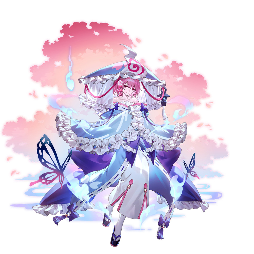 1girl alternate_costume bare_shoulders blue_kimono bug butterfly closed_mouth flower frilled_kimono frilled_sleeves frills full_body game_cg hair_flower hair_ornament hat highres hitodama insect japanese_clothes kimono long_sleeves looking_at_viewer off_shoulder official_art okobo oversized_hat pink_eyes pink_hair platform_sandals saigyouji_yuyuko sandals smile solo third-party_source touhou touhou_gensou_eclipse transparent_background triangular_headpiece u_u_zan wide_sleeves