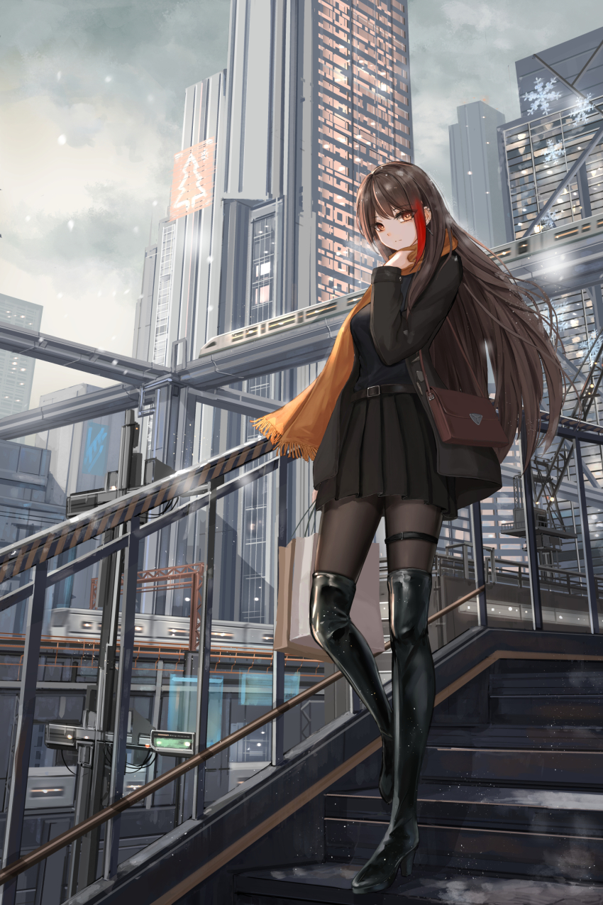 1girl bag belt black_boots black_jacket black_pantyhose black_shirt black_skirt boots brown_bag brown_hair building christmas_tree_print city cloud cloudy_sky crane_(machine) cyberpunk double-parted_bangs ear_ornament ear_piercing glowing_windows hand_on_own_neck high_heel_boots high_heels highres jacket legs long_hair long_sleeves looking_at_viewer monorail multicolored_hair open_clothes open_jacket original pantyhose piercing railing red_hair scarf scenery shirt shopping_bag shoulder_bag skirt sky skyscraper snowflakes solo stairs streaked_hair thigh_boots thigh_strap train winter yellow_eyes yellow_scarf yuzuriha_(atelier_liang)