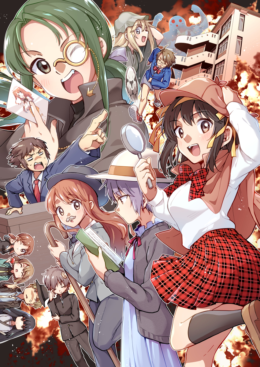 3boys 6+girls :d absurdres asahina_mikuru ball black_capelet black_cardigan black_hair black_headwear black_jacket black_pants black_socks blonde_hair blue_dress blue_jacket blue_shorts blush book bow bowtie brown_footwear brown_hair cane capelet cardigan celestial_(suzumiya_haruhi) dress everyone expressionless fake_facial_hair fake_mustache fujiwara_(suzumiya_haruhi) gakuran glasses green_headwear grey_jacket hair_ribbon hairband hat highres holding holding_book holding_cane holding_mirror holding_photo jacket kicking kneehighs koizumi_itsuki kyon loafers long_hair long_shirt looking_at_viewer medium_hair mirror multiple_boys multiple_girls nagato_yuki necktie open_cardigan open_clothes open_mouth orange_hair orange_headwear pants photo_(object) plaid_bow plaid_bowtie plaid_clothes plaid_skirt pointing purple_hair reading red_bow red_bowtie red_necktie red_skirt ribbon sasaki_(suzumiya_haruhi) school_uniform shirt shoes short_hair shorts skirt smile soccer_ball socks suou_kuyou suzumiya_haruhi suzumiya_haruhi_no_yuuutsu t_(suzumiya_haruhi) tachibana_kyouko_(suzumiya_haruhi) taiki_(6240taiki) teeth the_adventures_of_sherlock_holmes tsuruya upper_teeth_only watahashi_yasumi white_headwear white_shirt yellow_hairband yellow_ribbon