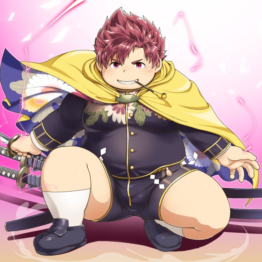 1boy bara bizen_(tamacolle) black_shoes brown_hair bulge cape dust electricity fat fat_man full_body gakuran highres katana kiseru loafers looking_at_viewer male_focus mouth_hold nol pink_background pink_eyes pipe_in_mouth school_uniform shoes short_hair shorts smoking_pipe socks solo squatting sword tamacolle teeth_hold weapon white_socks yellow_cape