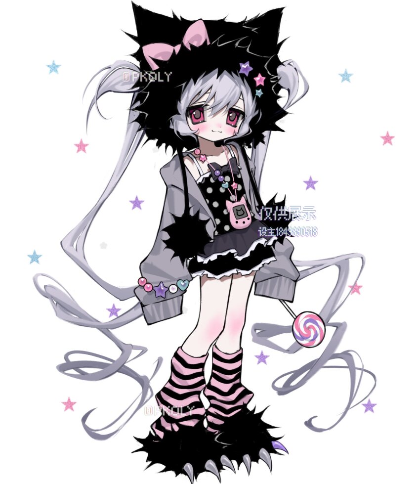 1girl :3 animal_ear_headwear black_hair bow bracelet candy closed_mouth commentary fake_animal_ears food frilled_skirt frills full_body grey_hair grey_jacket hair_between_eyes highres holding holding_candy holding_food holding_lollipop jacket jewelry leg_warmers lollipop long_hair original paw_shoes pink_bow pink_eyes pkolypop polka_dot polka_dot_shirt shirt simple_background skirt sleeves_past_fingers sleeves_past_wrists smile solo star_(symbol) striped_leg_warmers symbol-only_commentary tamagotchi_(virtual_pet) twintails very_long_hair virtual_pet_(toy) white_background