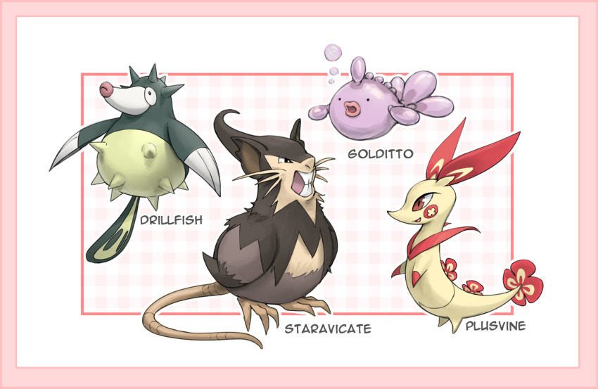 black_eyes border brown_eyes character_name claws commentary ditto drilbur framed fusion gen_1_pokemon gen_2_pokemon gen_3_pokemon gen_4_pokemon gen_5_pokemon goldeen kazuko_(towa) nintendo no_humans open_mouth pink_border plusle pokemon pokemon_(creature) qwilfish raticate servine smile staravia