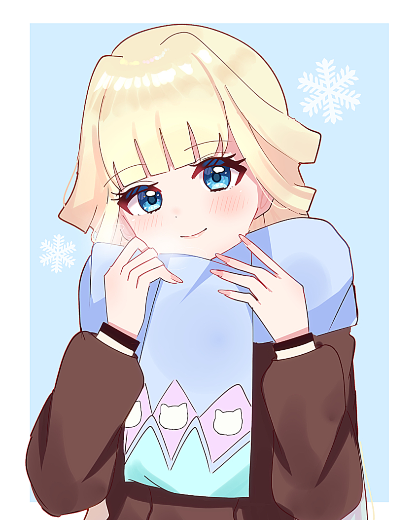 1girl blonde_hair blue_eyes blush brown_cardigan cardigan closed_mouth long_hair long_sleeves multicolored_scarf nekoyashiki_yuki precure scarf school_uniform second_wangan_school_uniform shiroiro_obake shirt snowflakes solo upper_body white_shirt wonderful_precure!