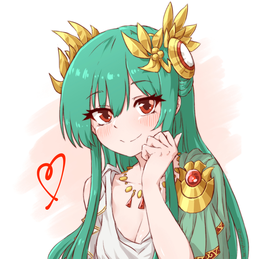 1girl ameneko_kuro ancient_greek_clothes athena_(p&amp;d) chiton greco-roman_clothes green_hair hair_ornament heart highres long_hair looking_at_viewer peplos puzzle_&amp;_dragons red_eyes smile solo
