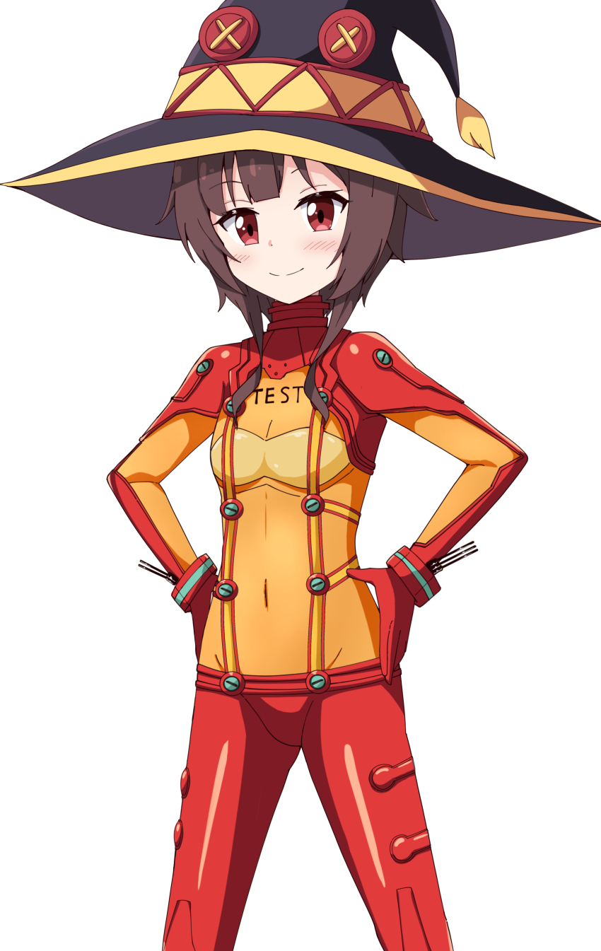 1girl absurdres aikawa_ryou black_hat blush bodysuit breasts brown_hair closed_mouth commission cosplay covered_groin covered_navel hands_on_own_hips hat highres kono_subarashii_sekai_ni_shukufuku_wo! long_hair looking_at_viewer mecha_pilot_suit megumin neon_genesis_evangelion orange_bodysuit pixiv_commission plugsuit_(evangelion) red_bodysuit red_eyes simple_background small_breasts smile solo souryuu_asuka_langley souryuu_asuka_langley_(cosplay) standing test_plugsuit_(evangelion) white_background witch_hat