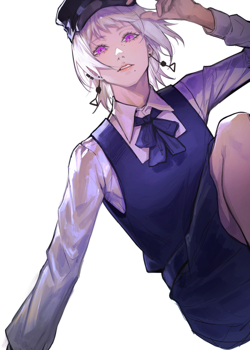 1girl absurdres arm_up black_dress black_hat black_ribbon chainsaw_man collared_shirt deka_yo dress earrings fami_(chainsaw_man) fourth_east_high_school_uniform grey_hair hat highres jewelry long_sleeves mole mole_under_eye mole_under_mouth multiple_moles neck_ribbon parted_lips peaked_cap pinafore_dress purple_eyes ribbon ringed_eyes school_uniform shirt short_hair simple_background sleeveless sleeveless_dress solo white_background white_shirt