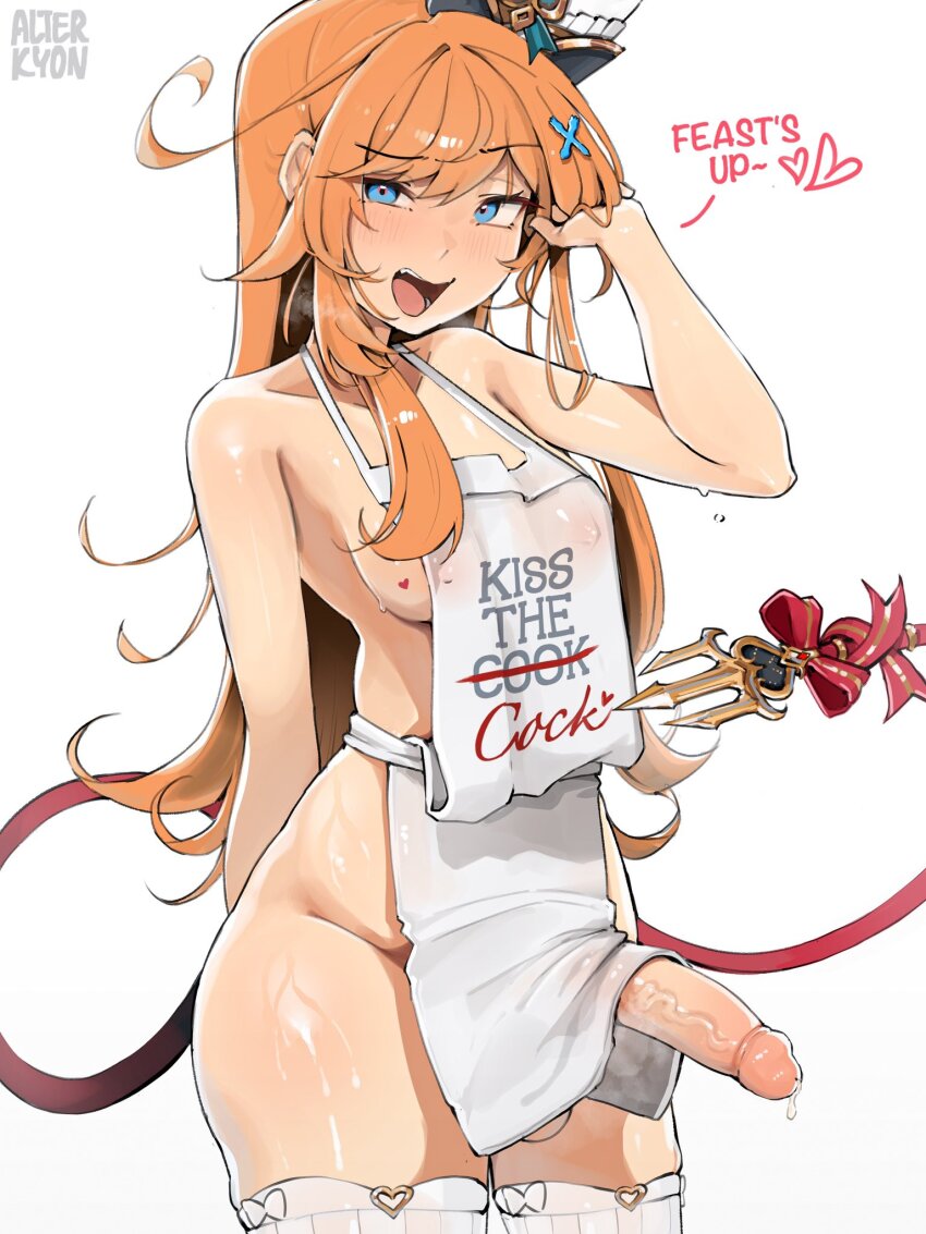 1futa alterkyon apron arm_behind_back blue_eyes breasts clothes_writing cowboy_shot english_text erection escoffier_(genshin_impact) futanari genshin_impact highres large_penis long_hair looking_at_viewer medium_breasts naked_apron open_mouth orange_hair penis smile solo tail testicles thighhighs uncensored veins veiny_penis white_apron white_background white_thighhighs