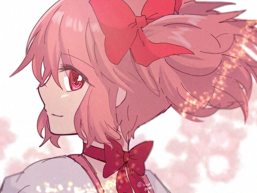1girl amai_yume bow from_behind from_side hair_bow highres kaname_madoka looking_at_viewer mahou_shoujo_madoka_magica neck_ribbon pink_eyes pink_hair pink_ribbon portrait ribbon solo