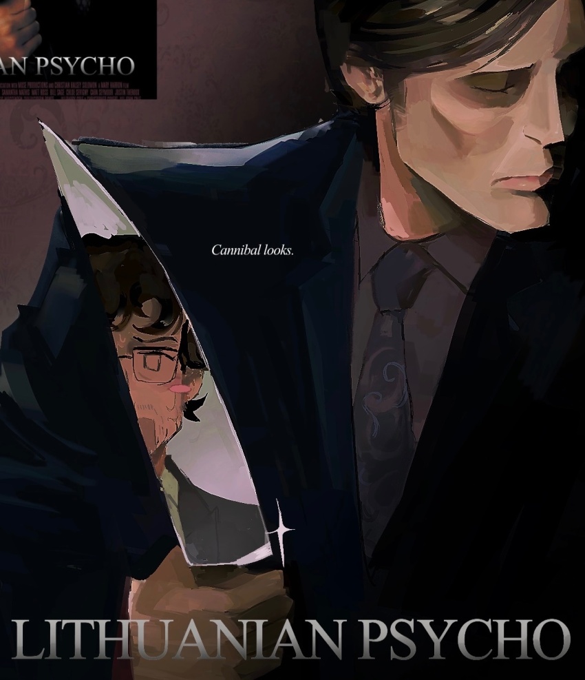 2boys american_psycho banyaichan cosplay formal_clothes hannibal_(tv_series) hannibal_lecter highres holding holding_knife knife male_focus movie_poster multiple_boys patrick_bateman patrick_bateman_(cosplay) reflection suit will_graham