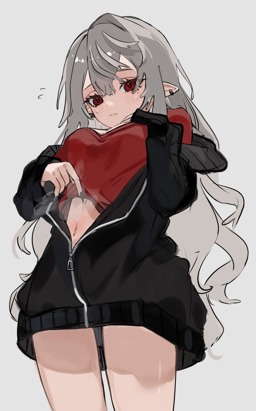 1girl absurdres black_track_suit breasts clothes_lift genderswap genderswap_(mtf) grey_background grey_hair hair_between_eyes highres jacket kuzuha_(nijisanji) long_hair looking_at_viewer medium_breasts mole mole_under_eye nijisanji no_pants open_mouth pointy_ears potepote_lp red_eyes red_shirt sanya_(kuzuha) shirt simple_background sleeves_past_fingers sleeves_past_wrists solo t-shirt thighs track_jacket track_suit virtual_youtuber