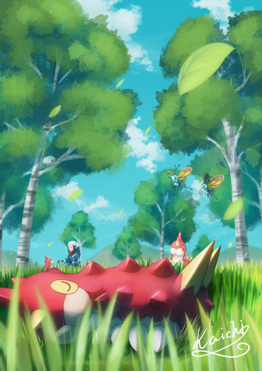 1girl absurdres akari_(pokemon) beautifly black_hair black_shirt blue_jacket blurry closed_eyes cloud commentary_request day evolutionary_line falling_leaves gen_3_pokemon grass headscarf highres holding jacket kaichi_(tomiyu25) leaf logo long_hair lying nintendo open_mouth outdoors pokemon pokemon_legends:_arceus red_scarf scarf shirt signature sky sleeping smile tree white_headscarf white_headwear wurmple