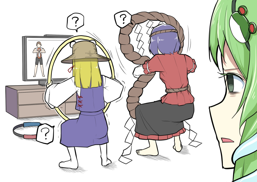 3girls ? barefoot black_skirt blonde_hair brown_hat dialogue_box frog_hair_ornament from_behind green_eyes green_hair hair_ornament hair_ribbon hairband hat highres kochiya_sanae long_sleeves looking_at_another medium_hair moriya&#039;s_iron_rings moriya_suwako motion_lines multiple_girls open_mouth peroponesosu. purple_hair purple_skirt purple_vest red_shirt ribbon ring-con ring_fit_adventure rope shide shimenawa shirt short_hair simple_background single_sidelock skirt sleeve_ribbon snake_hair_ornament socks squatting television touhou vest white_background white_shirt white_sleeves white_socks wide_sleeves yasaka_kanako